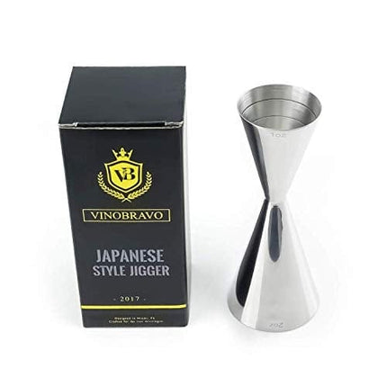 Premium Japanese Stainless Steel Slim Double Cocktail Bar Jigger by VinoBravo with measurements inside 2oz. / 1oz. Barware Tool for Home Bars and Professional Bartending Kits (Silver)