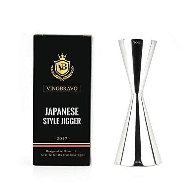 Premium Japanese Stainless Steel Slim Double Cocktail Bar Jigger by VinoBravo with measurements inside 2oz. / 1oz. Barware Tool for Home Bars and Professional Bartending Kits (Silver)