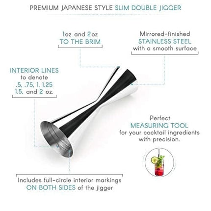 Premium Japanese Stainless Steel Slim Double Cocktail Bar Jigger by VinoBravo with measurements inside 2oz. / 1oz. Barware Tool for Home Bars and Professional Bartending Kits (Silver)