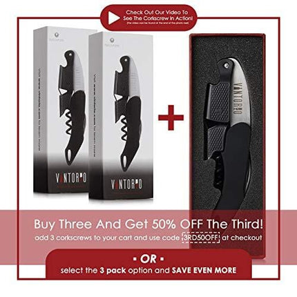 Vintorio Professional Waiters Corkscrew - Wine Key with Ergonomic Rubber Grip, Beer Bottle Opener and Foil Cutter (1 Pack)