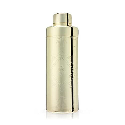 Viski Art Deco Gold Cocktail Shaker, 24 oz Etched Stainless Steel Shaker With Strainer & Gold Finish