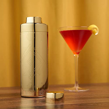 Viski Art Deco Gold Cocktail Shaker, 24 oz Etched Stainless Steel Shaker With Strainer & Gold Finish