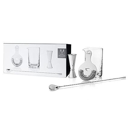 Viski Barware 4 Piece Tool Set, Double Jigger, Mixing Glass, Hawthorne Strainer, Weighted Barspoon, Stainless Steel