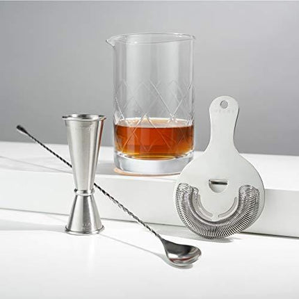 Viski Barware 4 Piece Tool Set, Double Jigger, Mixing Glass, Hawthorne Strainer, Weighted Barspoon, Stainless Steel