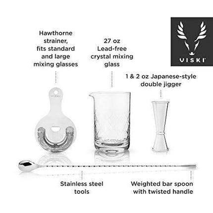 Viski Barware 4 Piece Tool Set, Double Jigger, Mixing Glass, Hawthorne Strainer, Weighted Barspoon, Stainless Steel