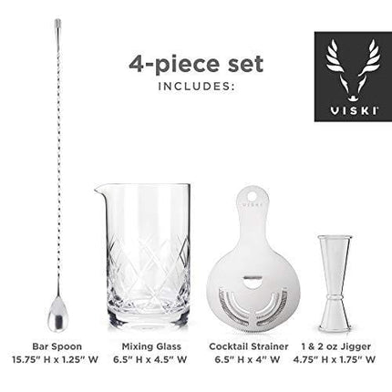 Viski Barware 4 Piece Tool Set, Double Jigger, Mixing Glass, Hawthorne Strainer, Weighted Barspoon, Stainless Steel