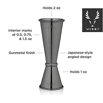 Viski Japanese Style Double Jigger for Cocktails, Bar Kit Essential, 1oz and 2oz with Interior Measurements, Stainless Steel with Gunmetal Finish