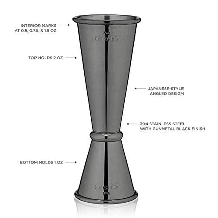 Viski Japanese Style Double Jigger for Cocktails, Bar Kit Essential, 1oz and 2oz with Interior Measurements, Stainless Steel with Gunmetal Finish