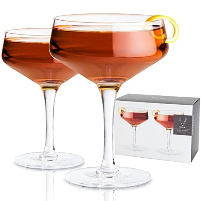 Viski Raye Angled Stemmed Vintage Coupe Glasses Set of 2 - Premium Crystal Clear Cocktail Glasses & Champagne Coupe Drinks Gift Set - 7oz