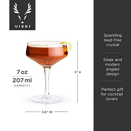 Viski Raye Angled Stemmed Vintage Coupe Glasses Set of 2 - Premium Crystal Clear Cocktail Glasses & Champagne Coupe Drinks Gift Set - 7oz