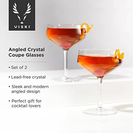 Viski Raye Angled Stemmed Vintage Coupe Glasses Set of 2 - Premium Crystal Clear Cocktail Glasses & Champagne Coupe Drinks Gift Set - 7oz