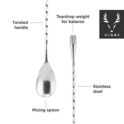 Viski Stainless Steel Weighted Barspoon, Japanese Style Twisted Stem Handle, Teardrop Weight
