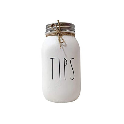 TIPS Jar - White Painted and Distressed Mason Jar, Tip Jar for Money Restaurant, 32 oz. Regular Mouth Mason Jar with Coin Slot, Quart Size, Painted Mason Jar, Bartender, Salon Tip Jar with Lid, Glass