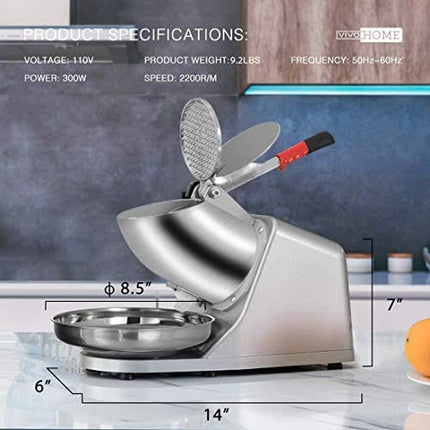 VIVOHOME Electric Dual Blades Ice Crusher Shaver Snow Cone Maker Machine Silver 143lbs/hr for Home and Commerical Use