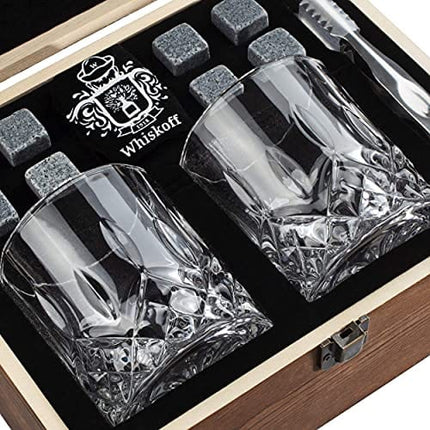 𝗕𝗘𝗦𝗧 𝗚𝗜𝗙𝗧: Gifts For Men Dad - Whiskey Glass Set of 2 - Bourbon Whiskey Stones Wood Box Gift Set - Includes Crystal Whisky Glasses, Chilling Rocks, Slate Coasters for Scotch Wisky Burbon Gifts