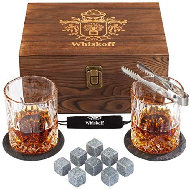 𝗕𝗘𝗦𝗧 𝗚𝗜𝗙𝗧: Gifts For Men Dad - Whiskey Glass Set of 2 - Bourbon Whiskey Stones Wood Box Gift Set - Includes Crystal Whisky Glasses, Chilling Rocks, Slate Coasters for Scotch Wisky Burbon Gifts