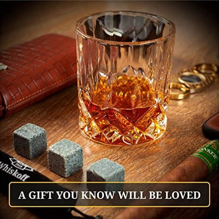 𝗕𝗘𝗦𝗧 𝗚𝗜𝗙𝗧: Gifts For Men Dad - Whiskey Glass Set of 2 - Bourbon Whiskey Stones Wood Box Gift Set - Includes Crystal Whisky Glasses, Chilling Rocks, Slate Coasters for Scotch Wisky Burbon Gifts