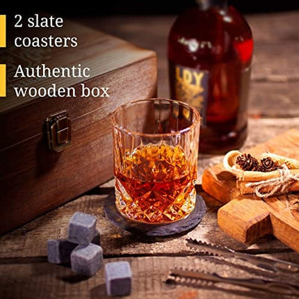 𝗕𝗘𝗦𝗧 𝗚𝗜𝗙𝗧: Gifts For Men Dad - Whiskey Glass Set of 2 - Bourbon Whiskey Stones Wood Box Gift Set - Includes Crystal Whisky Glasses, Chilling Rocks, Slate Coasters for Scotch Wisky Burbon Gifts