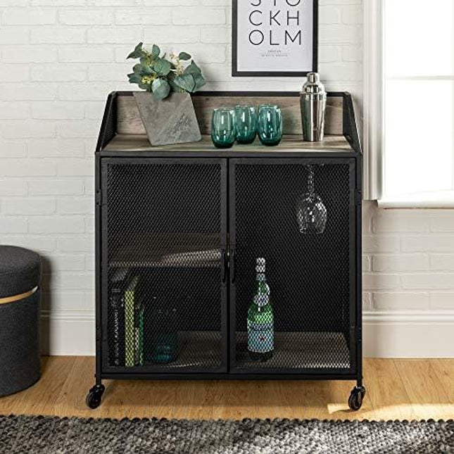 Walker Edison Industrial Wood and Metal Bar Cabinet with Wheels Wine Glass and Bottle Kitchen Storage Shelf, 33 Inch, Grey Wash