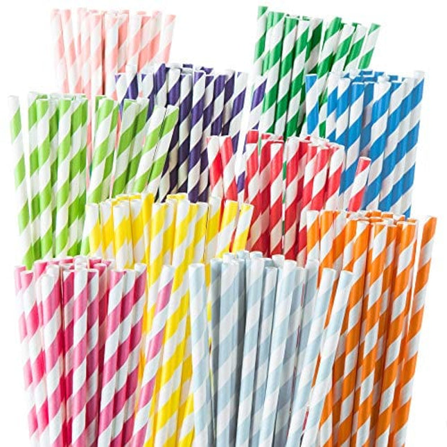 Weemium 200 Biodegradable Paper Straws - Durable & Eco-Friendly in 10 Color Stripes - Rainbow Drinking Straws & Party Decoration Supplies