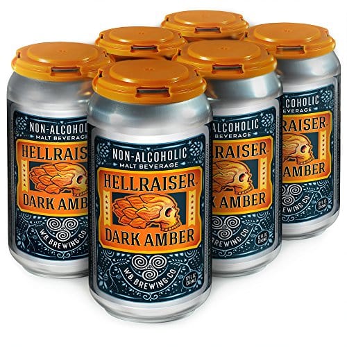 WELLBEING BREWING CO. 6 Pack Cans - Hellraiser Dark Amber Non-Alcoholic Craft Beer - 80 Calories - Zero Grams of Sugar - Vegan - non-GMO - High in Anti-Oxidants / Anti-Inflammatories - 12 Fl. oz.