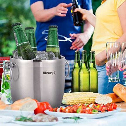 Ice Bucket with Lid and Strainer - Well Made Insulated Stainless Steel Double Wall Keep Ice Frozen Longer - Bonus Ice Scoop and Tongs - 3 Liter