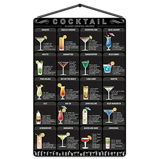 Metal cocktail Menu Tin Sign Retro Mixology Recipe Lovers Guide Bar Pub Iron Chain Hanger Decor Drink Alcoholic Poster Rustic Painting Home Restaurant Kitchen Cafe Diner Shop 8" X12"