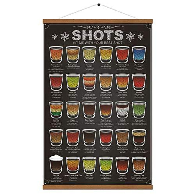 WEROUTE 30 Shots Mixology Canvas Print Poster Cocktail Recipes Infographic Drink Designed Bar Pub Themed Kitchen Home Wall Decor 15.7 X 27 Inch (with Hanger Scroll Frame)