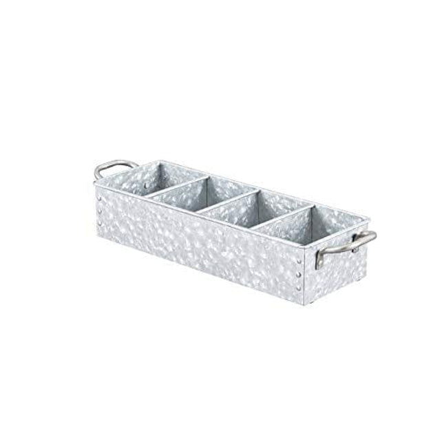 WH Walford Home Galvanized Metal Storage Tray – Rustic Farmhouse Decor Caddy with Handles – Functional & Decorative Vintage Style 4 Compartment Cutlery & Napkin Organizer Box
