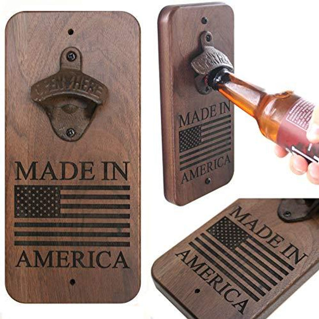 Whiskey Sierra Wall Bottle Opener - "Made In America" Laser Engraved Design, Walnut Wood with Rustic cold beer bottle opener. Wall mounted set, also great soda can opener for glass bottles. (Walnut)