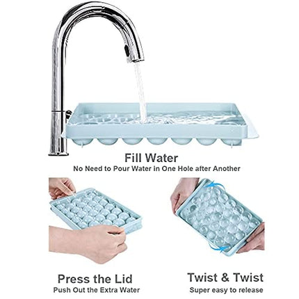 Advanced Mixology Round Ice Cube Tray with Lid Ice Ball Maker Mold for Freezer with Container Mini Circle Ice Cube Tray Making 99PCS Sphere Ice Chilling Cocktail Whiskey Tea Coffee(3 Blue Trays 1 ice Bucket & Scoop)