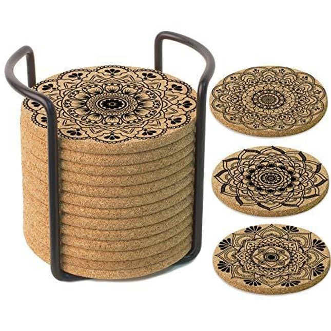 WIDROO 16 Pack Coasters for Drinks Absorbent – Cork Coasters with Holder – Housewarming Gifts for New Home Present for Friends, Living Room Decor, Party – Reusable Saucers for Drink, Glass, Cups, Mugs