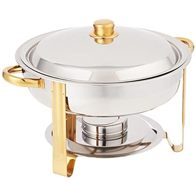 Winco Winware 4 Quart Round Stainless Steel Gold Accented Chafer