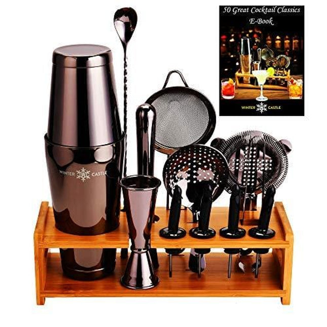 Black Pro Cocktail Shaker Set by WinterCastle-The 18 Piece Ultimate Bartender Kit: Boston Shaker, Jigger, Muddler, Bar Spoon, 3 Strainers, 4 Pourers with Caps, Tongs, Bamboo Stand, Free Recipe EBook