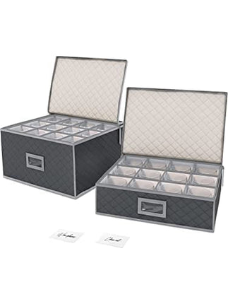 Woffit Wine Glass Storage - Set of 2 Quilted Packing Containers for Mugs & Glassware - Stemware and Coffee Cup Kit, 12pcs per Box w/ Insert Cards for Labelling - Gray