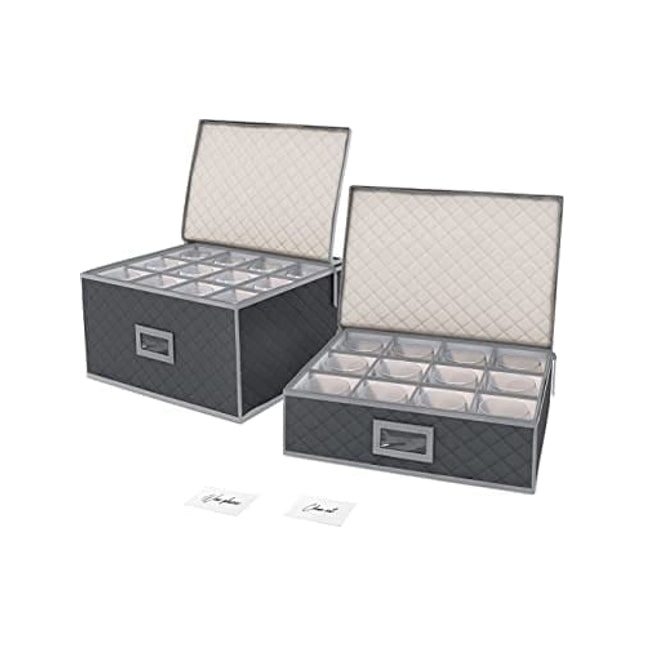 Woffit Wine Glass Storage - Set of 2 Quilted Packing Containers for Mugs & Glassware - Stemware and Coffee Cup Kit, 12pcs per Box w/ Insert Cards for Labelling - Gray