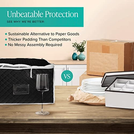 Woffit Wine Glass Storage - Set of 2 Quilted Packing Containers for Mugs & Glassware - Stemware and Coffee Cup Kit, 12pcs per Box w/ Insert Cards for Labelling - Gray