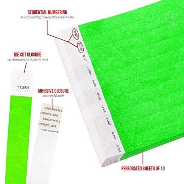 WristCo Neon Green 3/4" Tyvek Wristbands - 500 Pack Paper Wristbands For Events