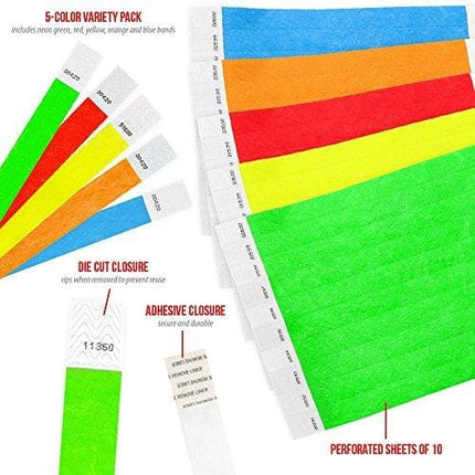 WristCo Variety Pack 3/4" Tyvek Wristbands - Red, Orange, Yellow, Green, Blue - 500 Pack Paper Wristbands for Events