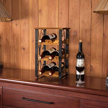 X-cosrack Rustic 6 Bottles Tabletop Wine Rack Freestanding 3 Tier Wine Organizer Holder Stand Countertop Liquor Storage Shelf Solid Wood & Iron 10.6" L x 8.6" W x 17.8" H