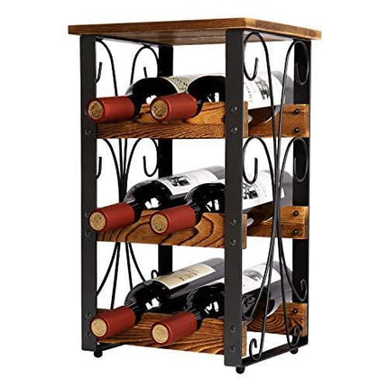 X-cosrack Rustic 6 Bottles Tabletop Wine Rack Freestanding 3 Tier Wine Organizer Holder Stand Countertop Liquor Storage Shelf Solid Wood & Iron 10.6" L x 8.6" W x 17.8" H