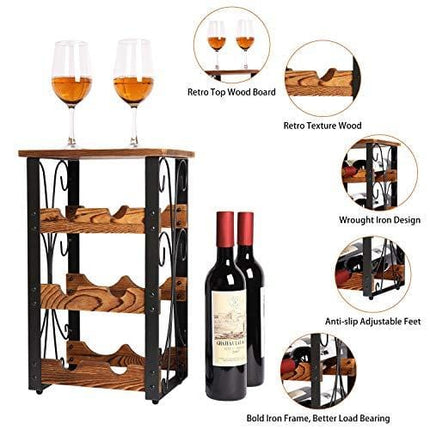 X-cosrack Rustic 6 Bottles Tabletop Wine Rack Freestanding 3 Tier Wine Organizer Holder Stand Countertop Liquor Storage Shelf Solid Wood & Iron 10.6" L x 8.6" W x 17.8" H