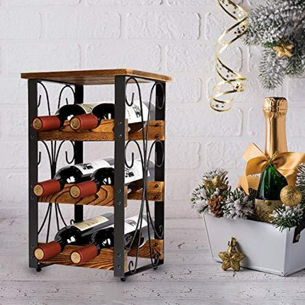 X-cosrack Rustic 6 Bottles Tabletop Wine Rack Freestanding 3 Tier Wine Organizer Holder Stand Countertop Liquor Storage Shelf Solid Wood & Iron 10.6" L x 8.6" W x 17.8" H