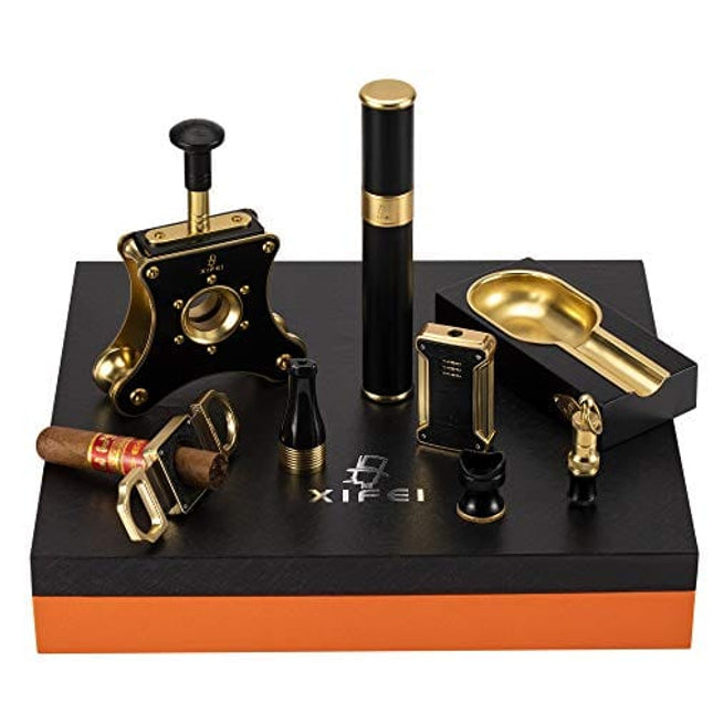 XIFEI Cigar Cutter Set 8 Piece Cigar Punch & Ashtray & Cigar Tube & Cigar Lighter& Cigar Stand Luxury Accessories Cigar Smoking Gift Set