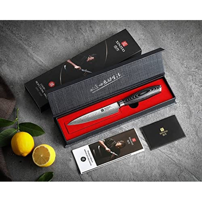 XINZUO 5 Inch Utility Knife 67 Layer Japanese Damascus Steel Kitchen Knife Fruit Knife Peeling Knife with PakkaWood Handle - Ya Series