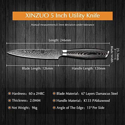 XINZUO 5 Inch Utility Knife 67 Layer Japanese Damascus Steel Kitchen Knife Fruit Knife Peeling Knife with PakkaWood Handle - Ya Series