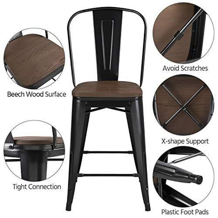 Yaheetech 24Inch Seat Height Tolix Style Dining Stools Chairs with Wood Seat/Top and High Backrest, Industrial Metal Counter Height Stool, Modern Kitchen Dining Bar Chairs Rustic, Black, Set of 4