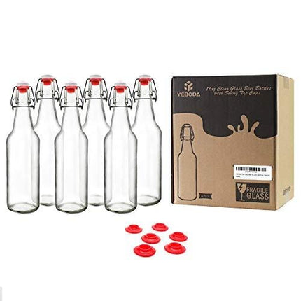YEBODA Clear Glass Beer Bottles for Home Brewing with Easy Wire Swing Cap & Airtight Silicone Seal 16 oz- Case of 6