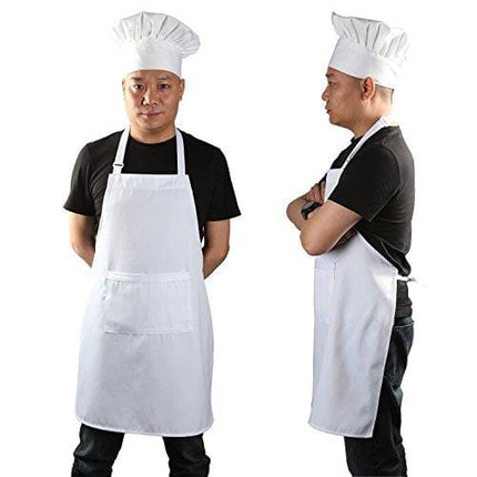 Yotache Chef Apron Set, Chef Hat and Kitchen Apron Adult Adjustable White Apron Baker Costume for Men and Women, 1 Set (33"L x 26"W)