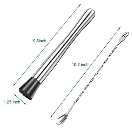 10 Inch Stainless Steel Cocktail Muddler and Mixing Spoon Professional Home Bar Tool Set
